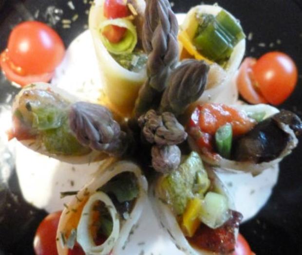 Paccheri ripieni di verdure su bavarese di mozzarella di bufala
